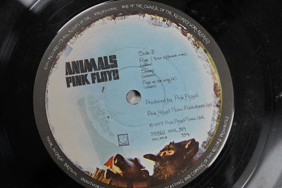 Pink Floyd LP, Animals, SHVL815, 1977, the gatefold cover extensively signed inside by; Nick Mason, David Gilmour, Richard Wright, Snowy White, Dick Parry, and Roger Waters, as well as a possibly spurious signature by Sy